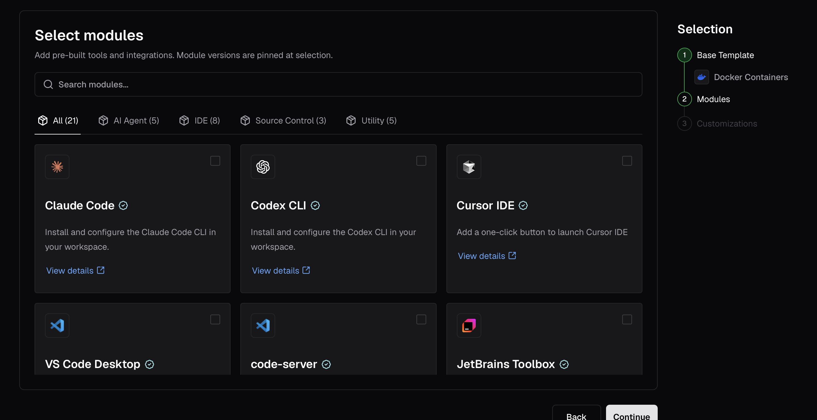Template builder module selection