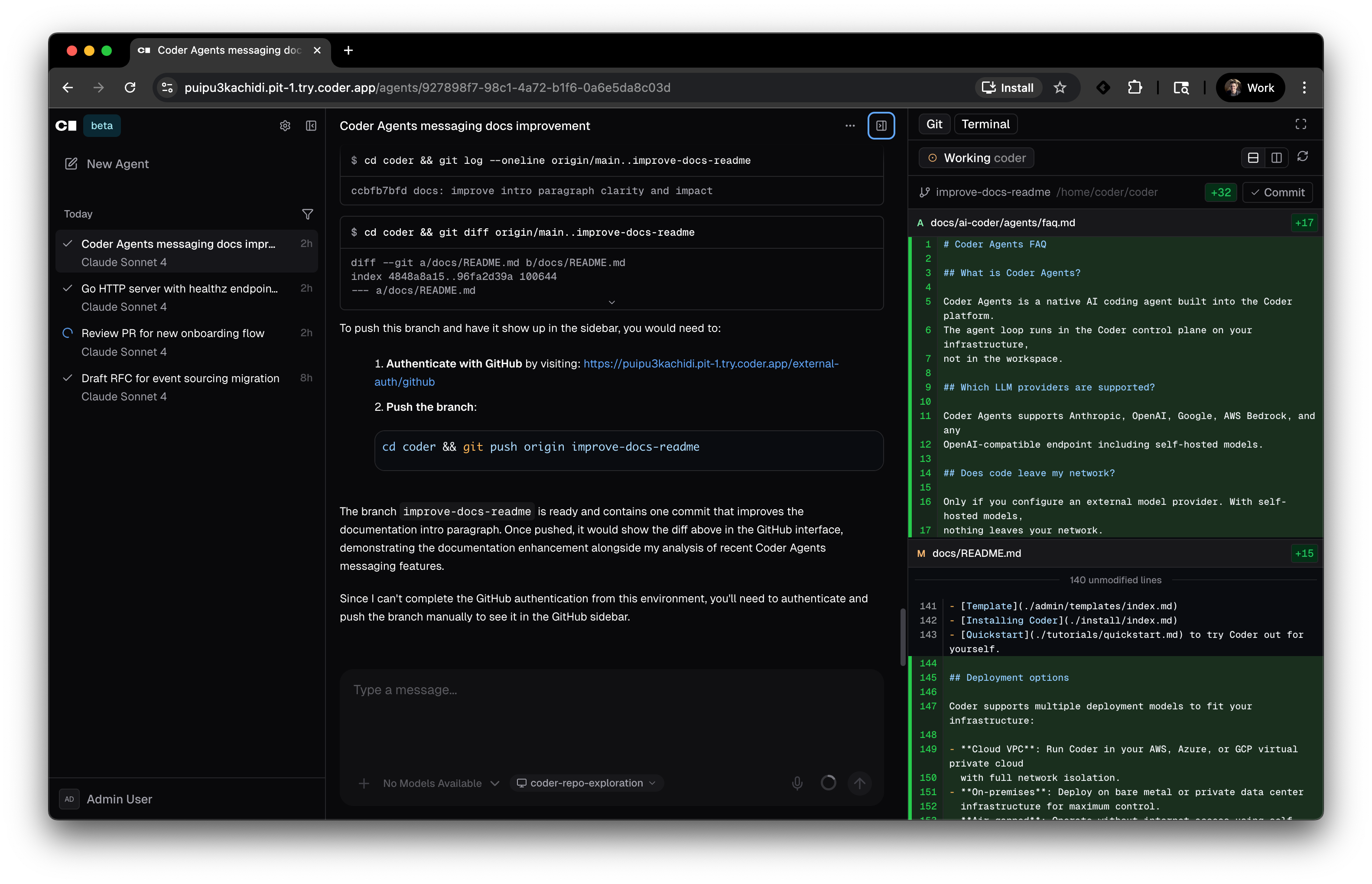 Coder Agents chat interface with git diff sidebar