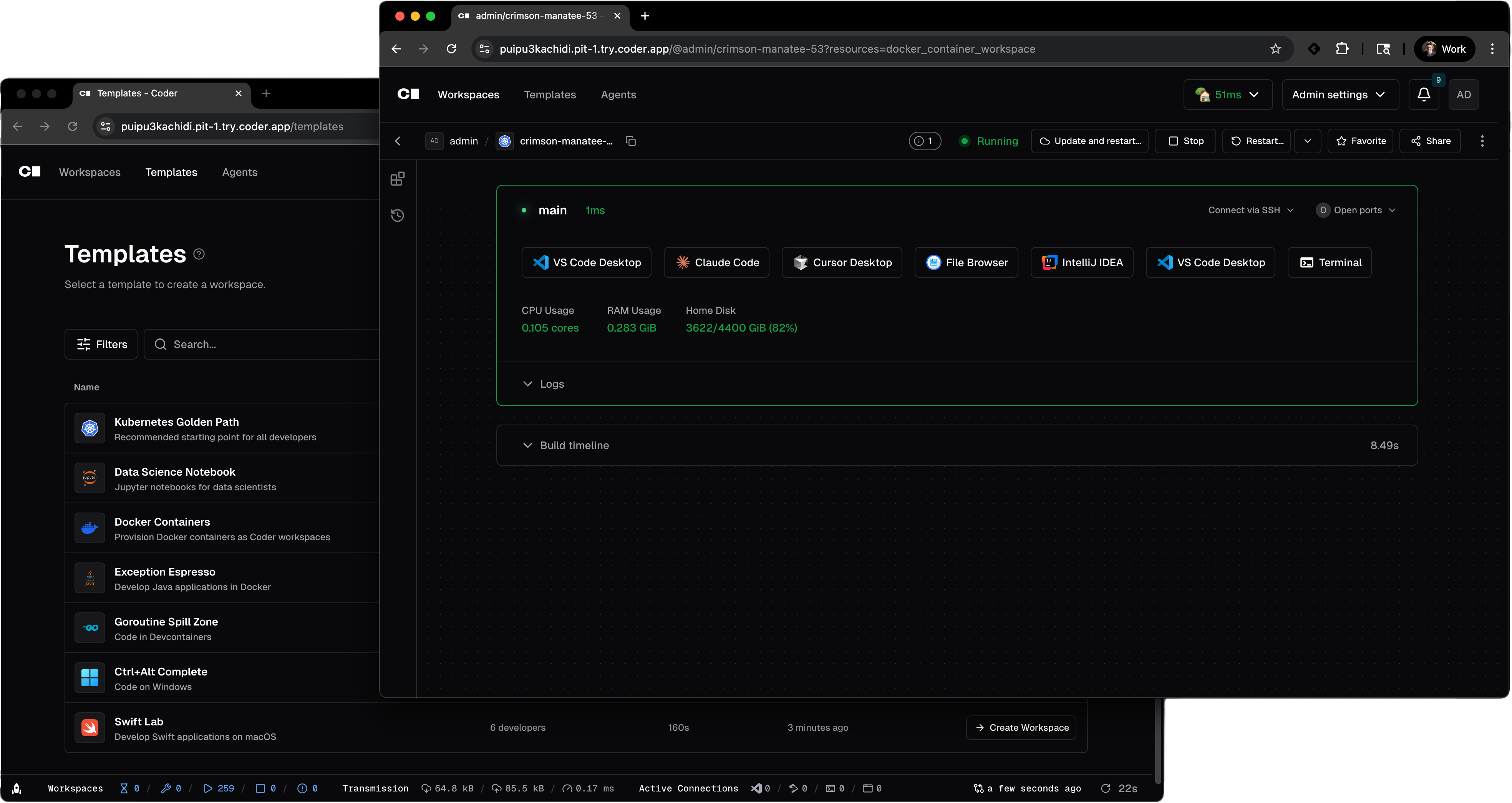 Coder platform showing templates and a running workspace