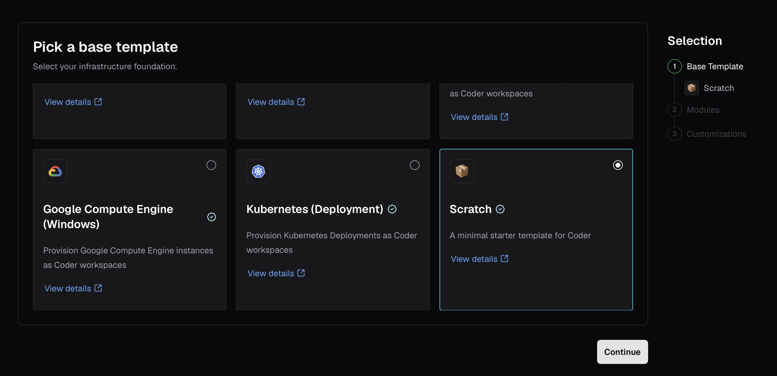 Select a base infrastructure template in the template builder