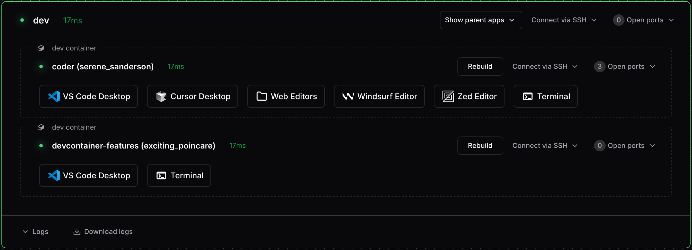 Two dev containers running as sub-agents in a Coder workspace