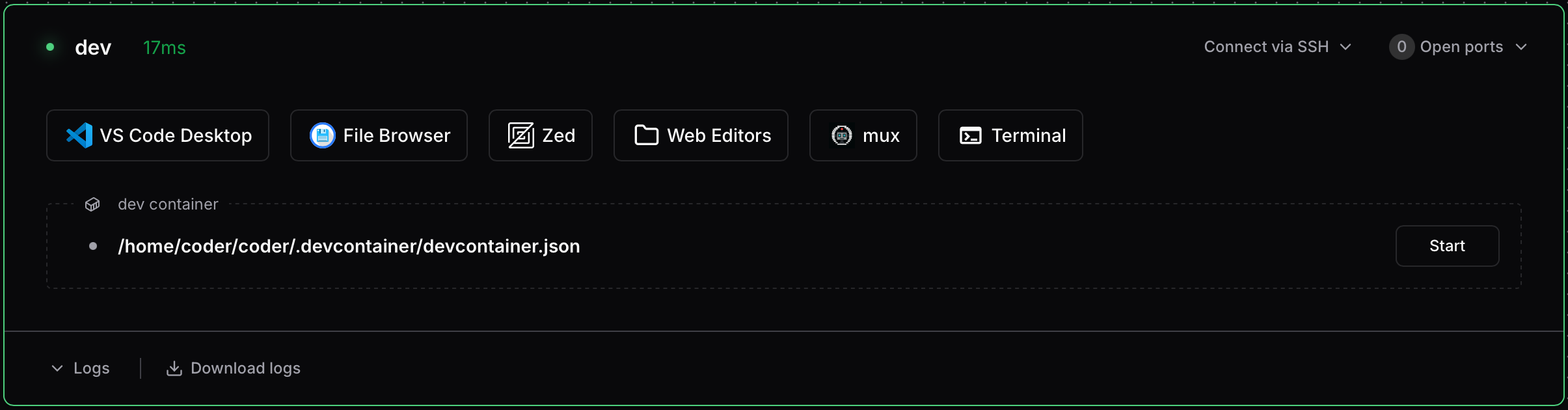 Discovered dev containers with Start buttons