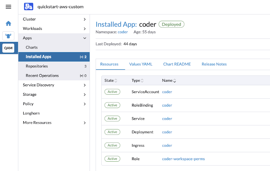 Coder installed on Rancher