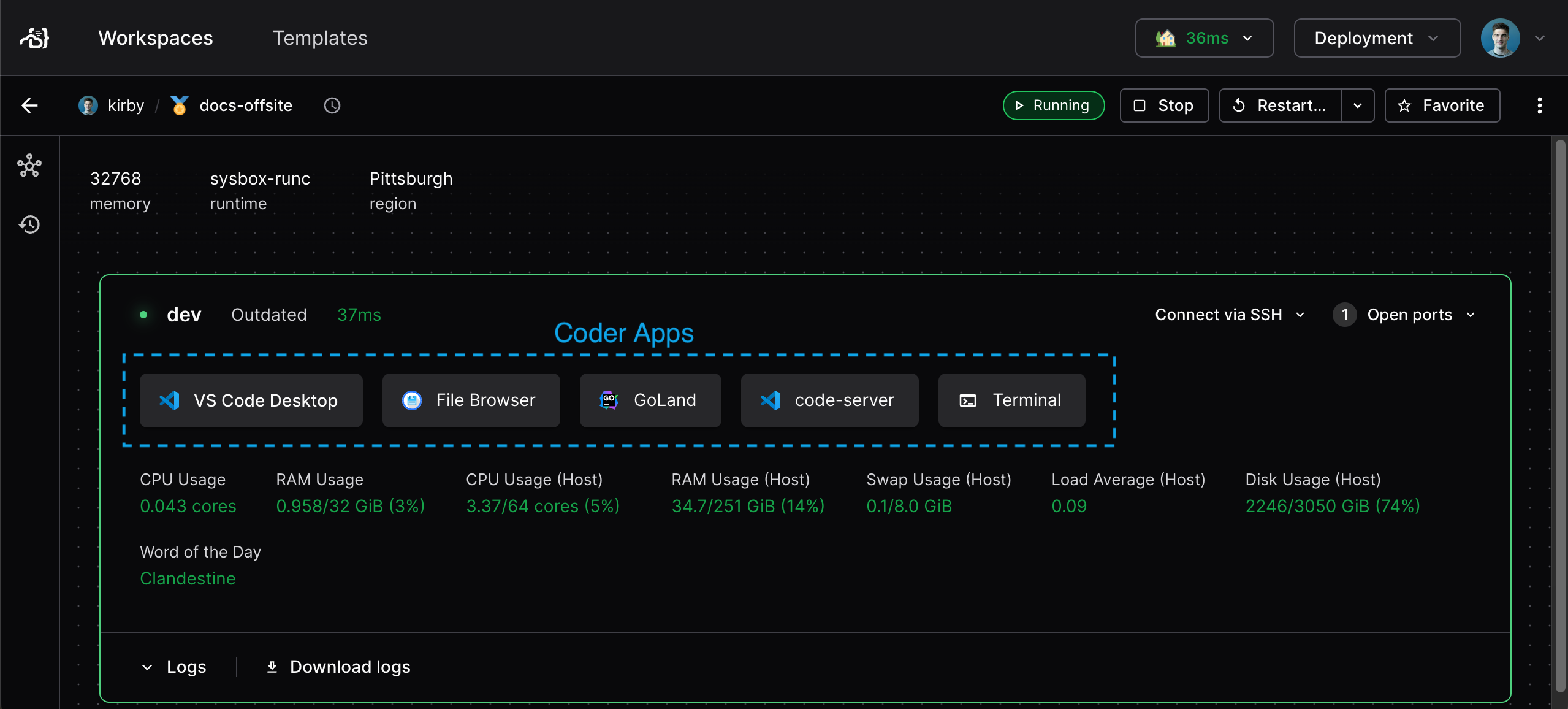 Coder Apps in the dashboard