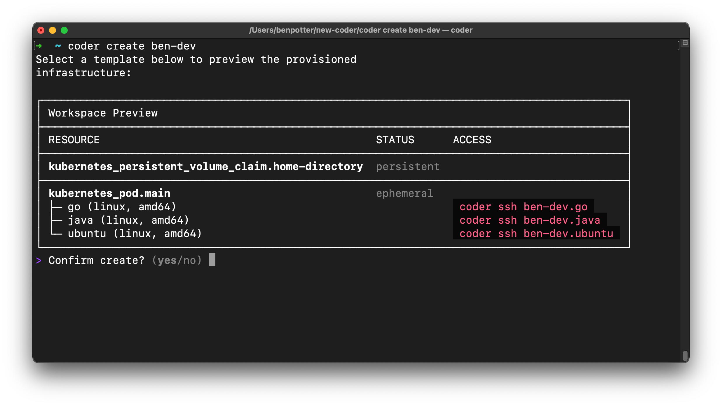 Kubernetes workspace in Coder v2